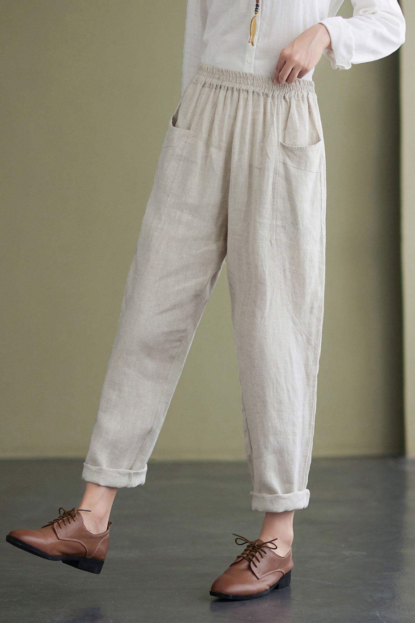 Elastic Waist Long Linen Pants C2435 #CK2100983