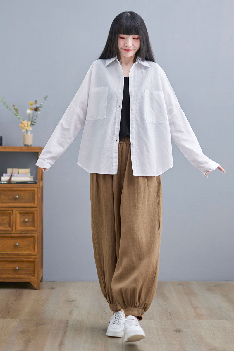 Long Sleeve Linen Shirt Tops in White C2271#YY05133