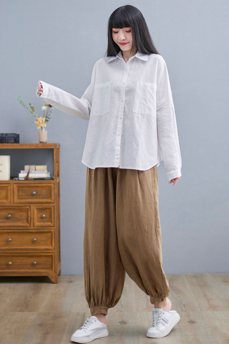 Long Sleeve Linen Shirt Tops in White C2271#YY05133