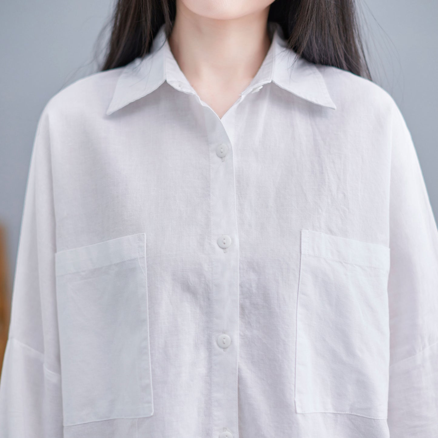 Long Sleeve Linen Shirt Tops in White C2271#YY05133