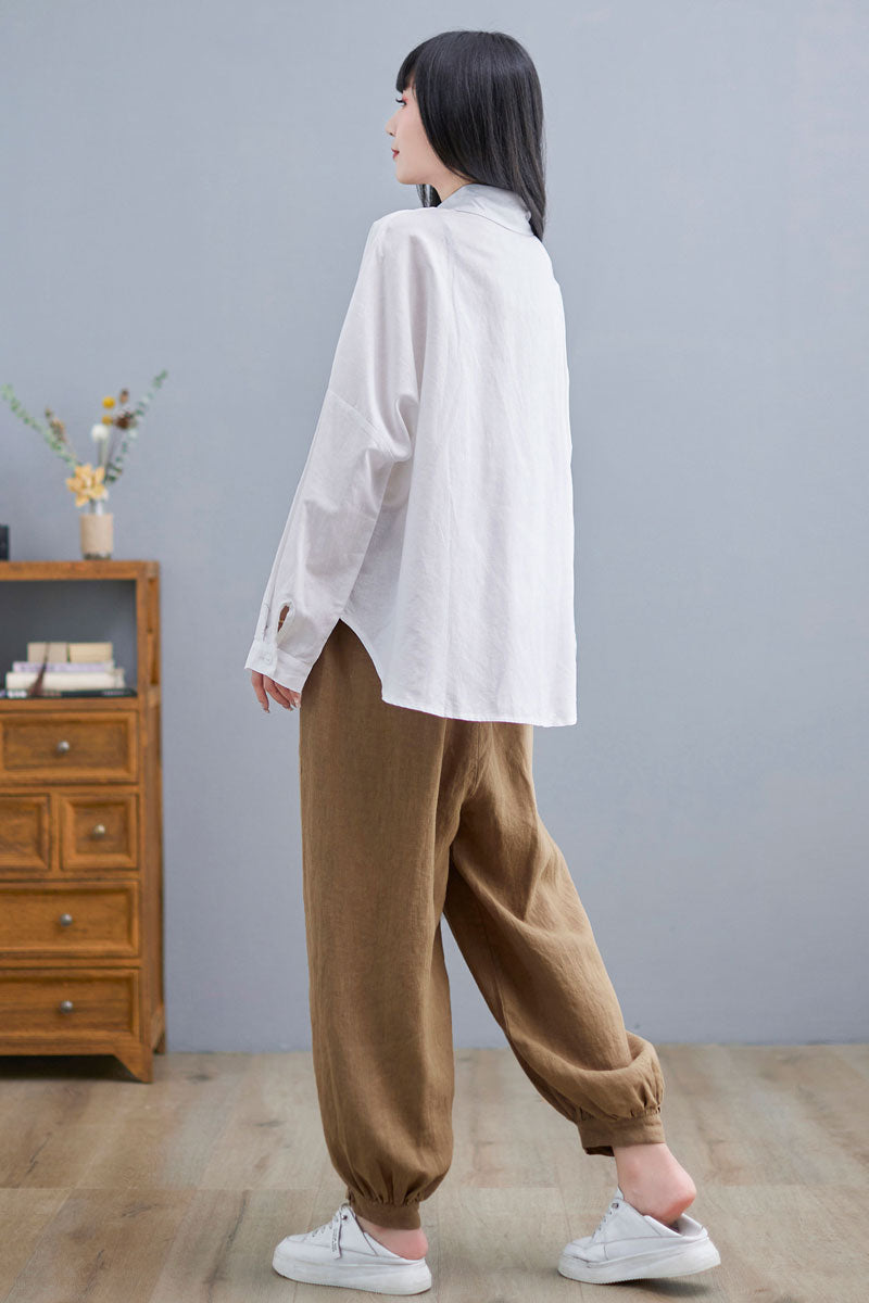 Long Sleeve Linen Shirt Tops in White C2271#YY05133