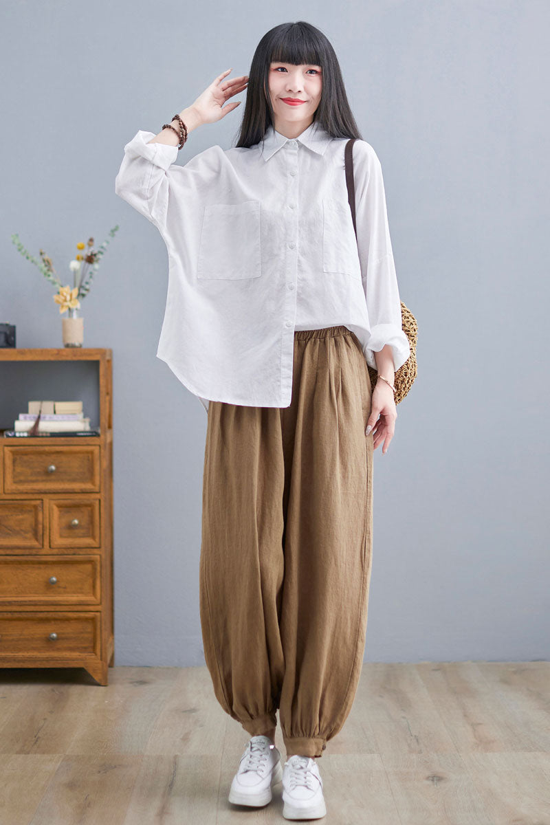 Long Sleeve Linen Shirt Tops in White C2271#YY05133