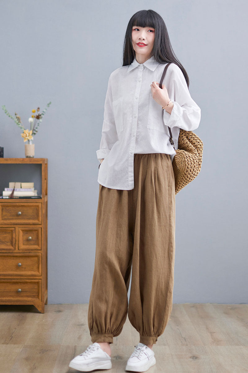 Long Sleeve Linen Shirt Tops in White C2271#YY05133