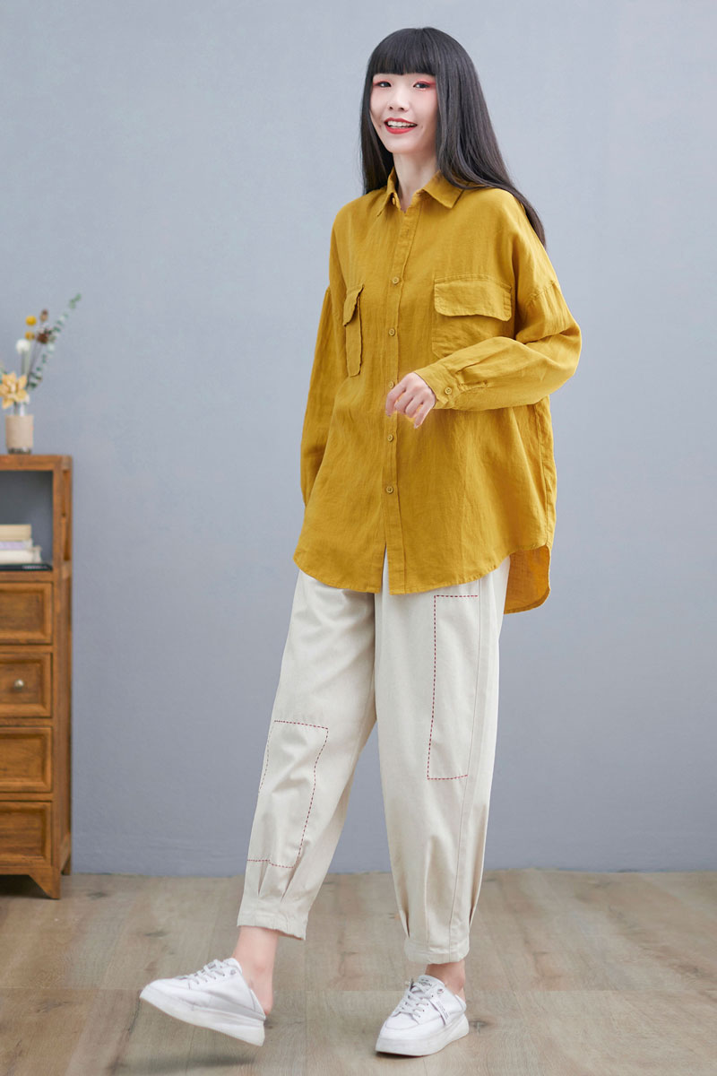 Yellow Loose Fit Shirt Tops for Women C2274, Size S,#YY01991