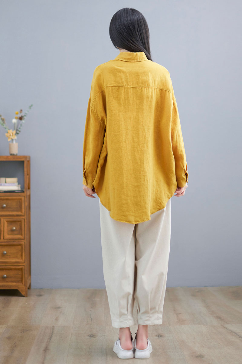 Yellow Loose Fit Shirt Tops for Women C2274, Size S,#YY01991