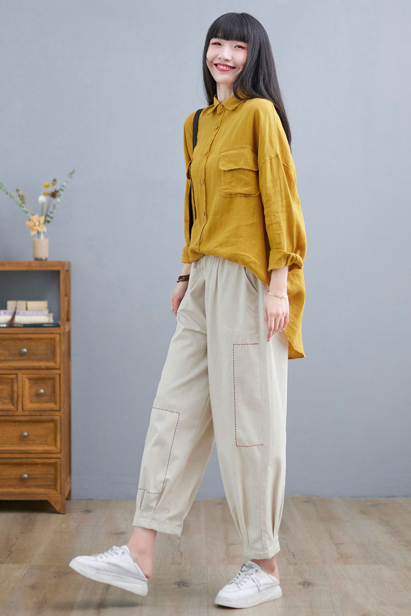 Yellow Loose Fit Shirt Tops for Women C2274, Size S,#YY01991