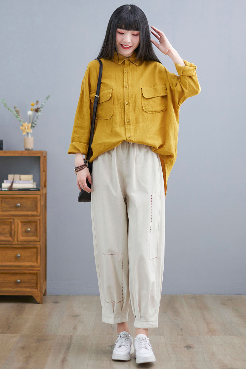 Yellow Loose Fit Shirt Tops for Women C2274, Size S,#YY01991