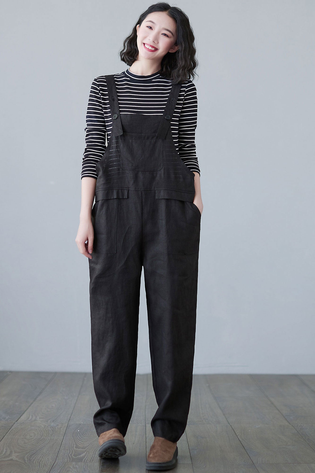 Black Causal Linen Overalls Women C2493