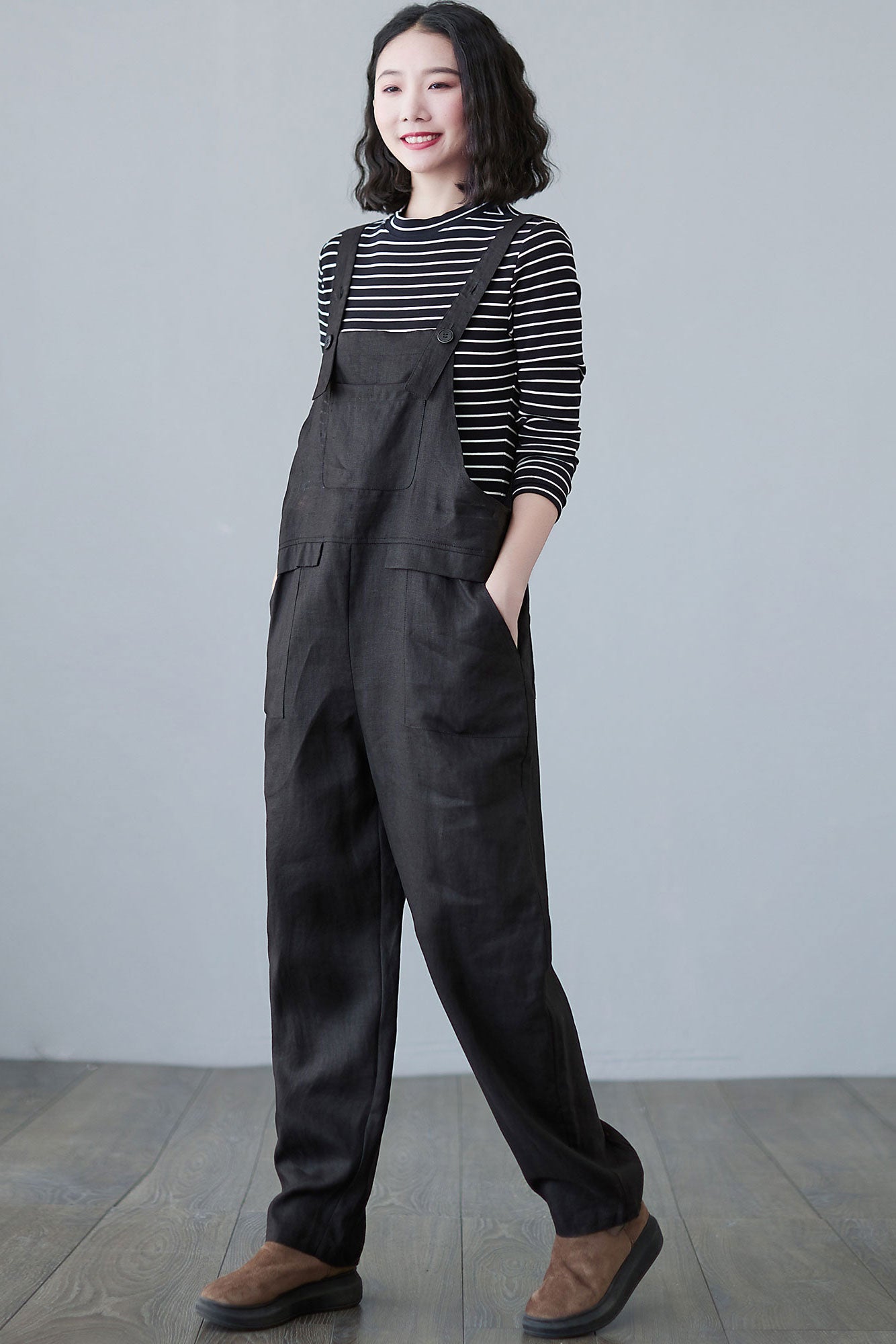 Black Causal Linen Overalls Women C2493