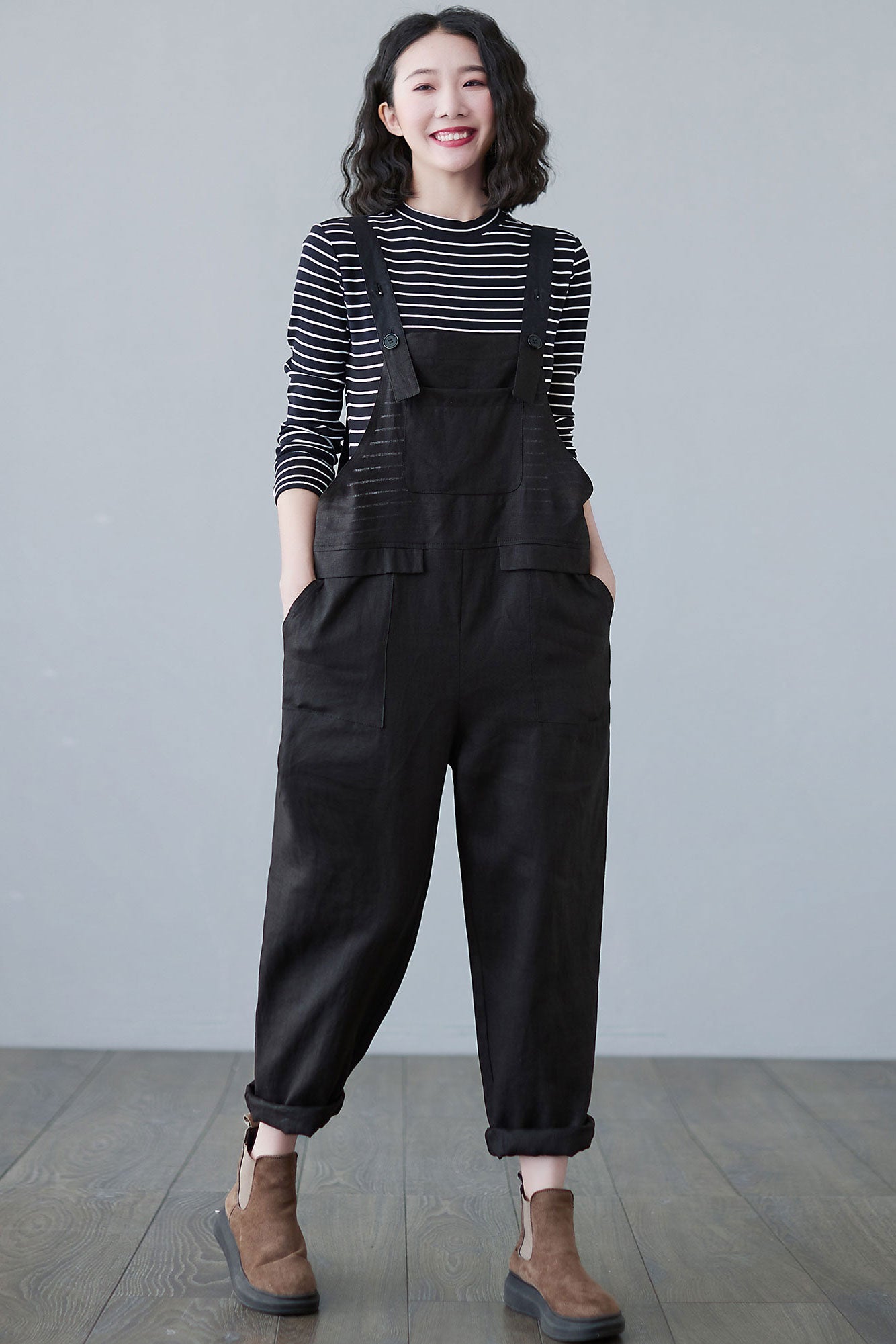Black Causal Linen Overalls Women C2493
