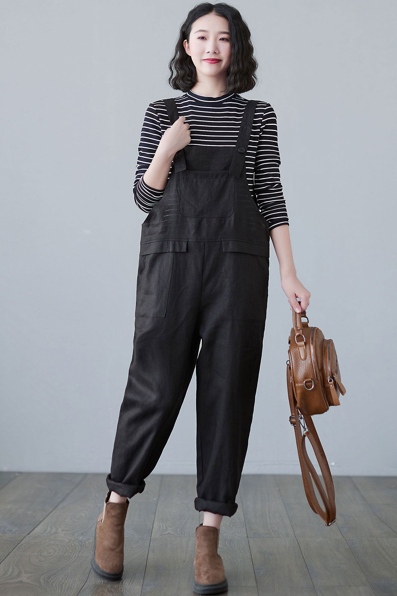Black Causal Linen Overalls Women C2493