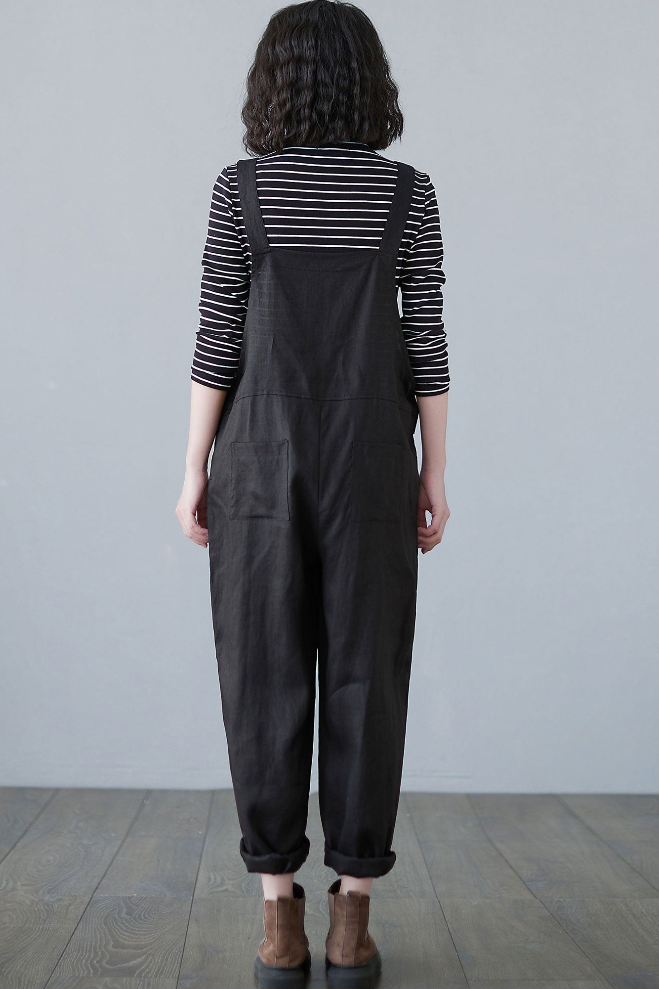 Black Causal Linen Overalls Women C2493