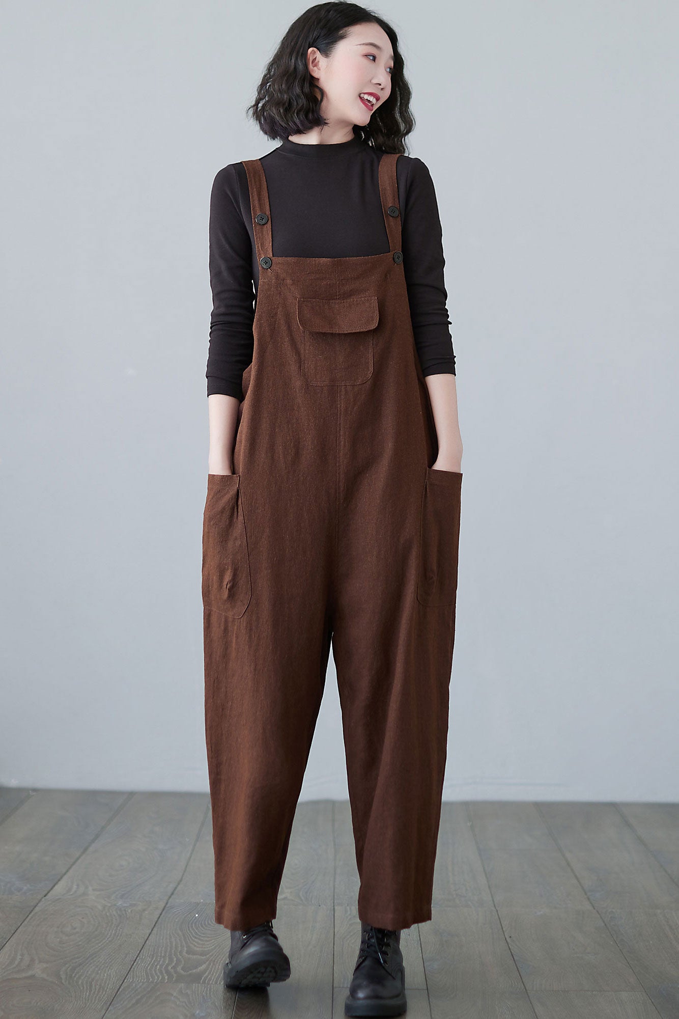 Plus Size Caramel Harem Linen Overalls C2499