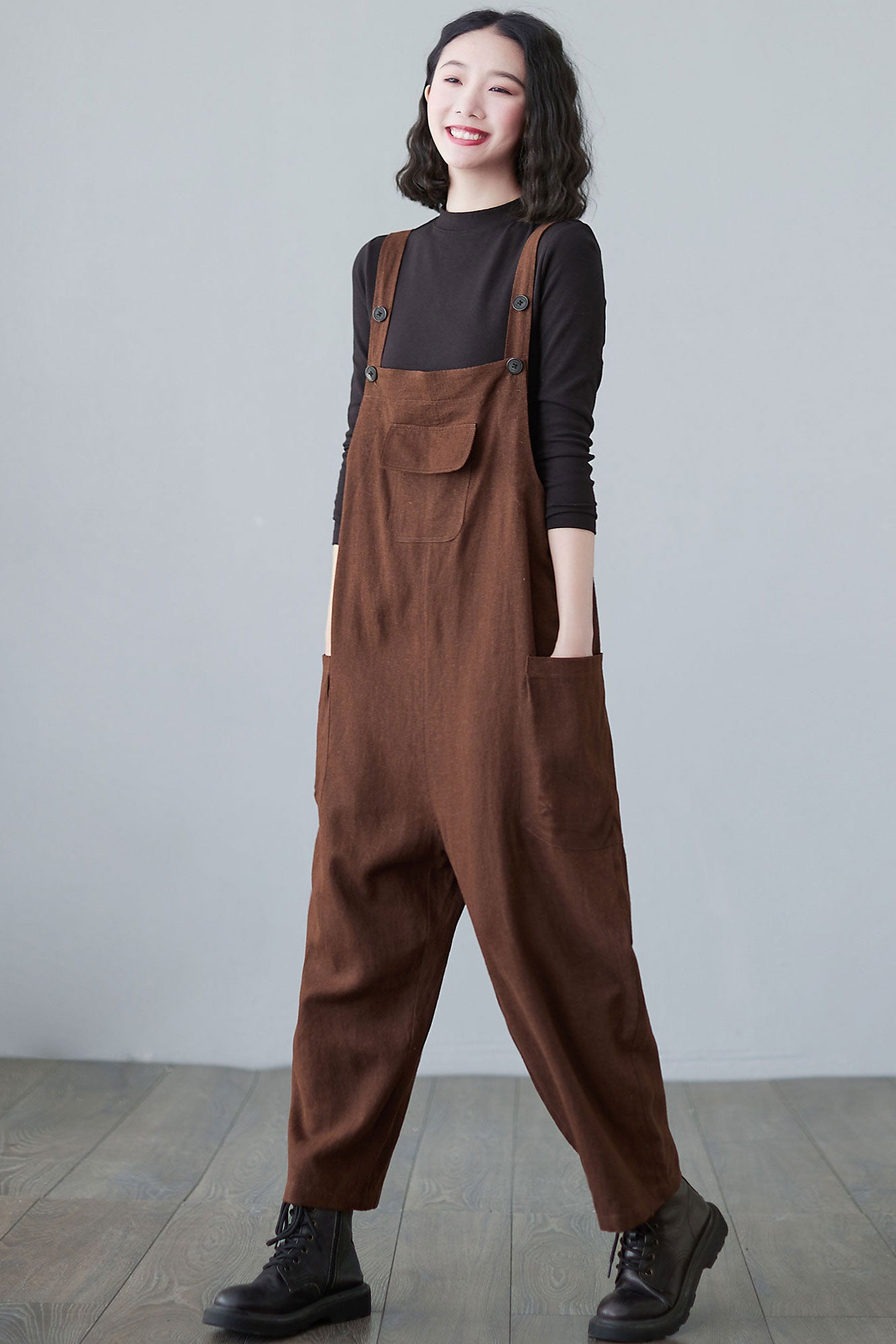 Plus Size Caramel Harem Linen Overalls C2499