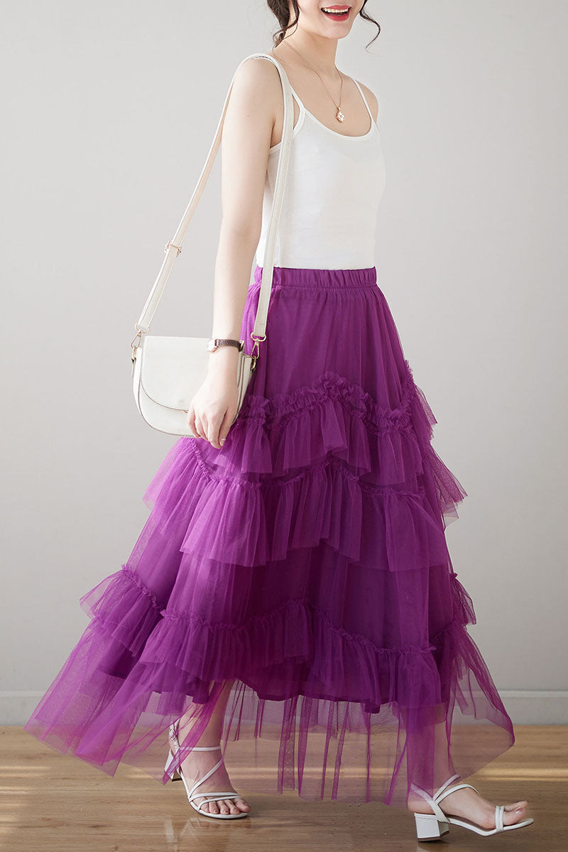 Women Long Purple Tulle Skirt C3183
