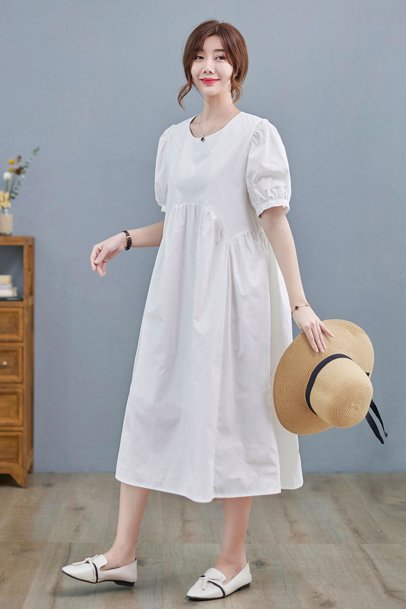 Women Puff Sleeve White Cotton Midi Dress C218901