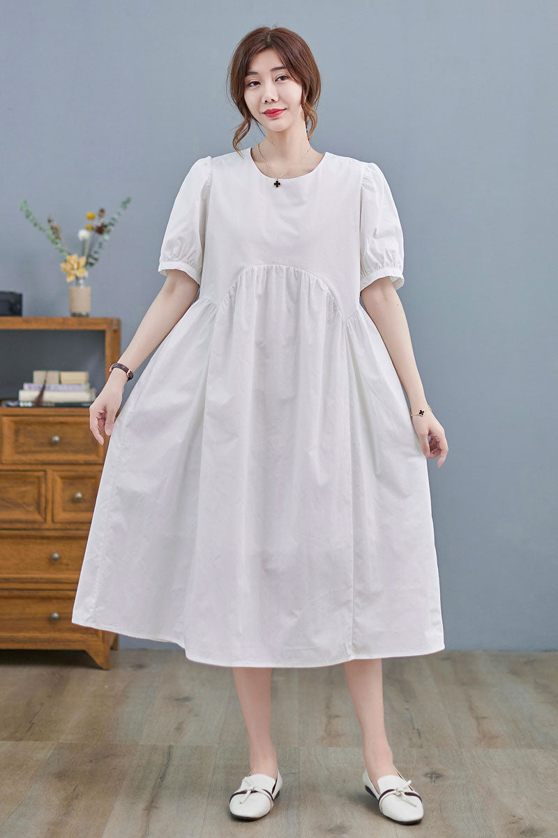 Women Puff Sleeve White Cotton Midi Dress C218901