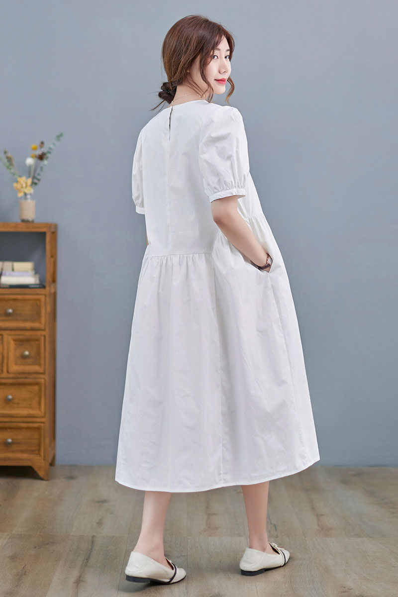 Women Puff Sleeve White Cotton Midi Dress C218901