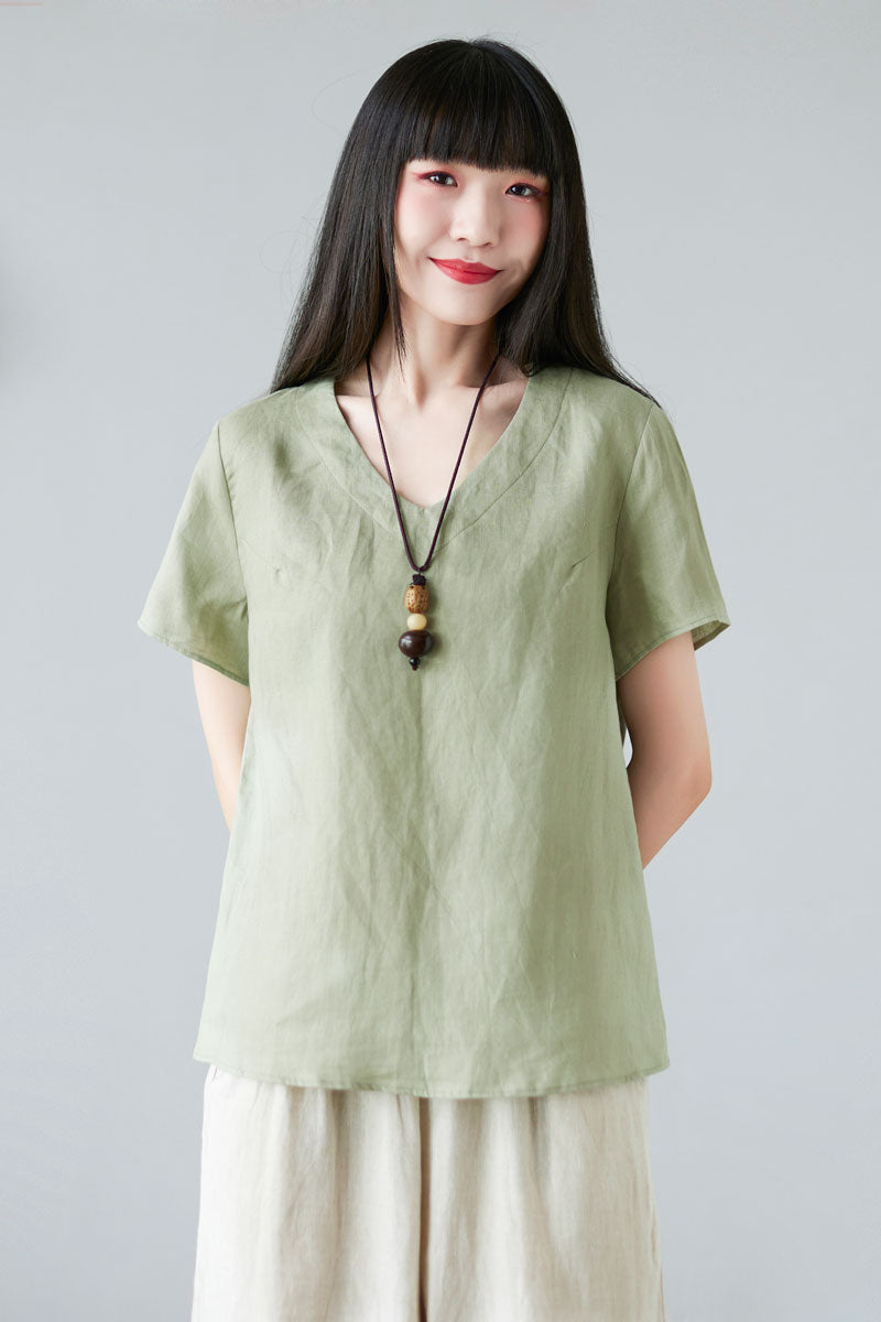 Blue Casual V Neck Linen Blouses for Women C2278#CK2100841