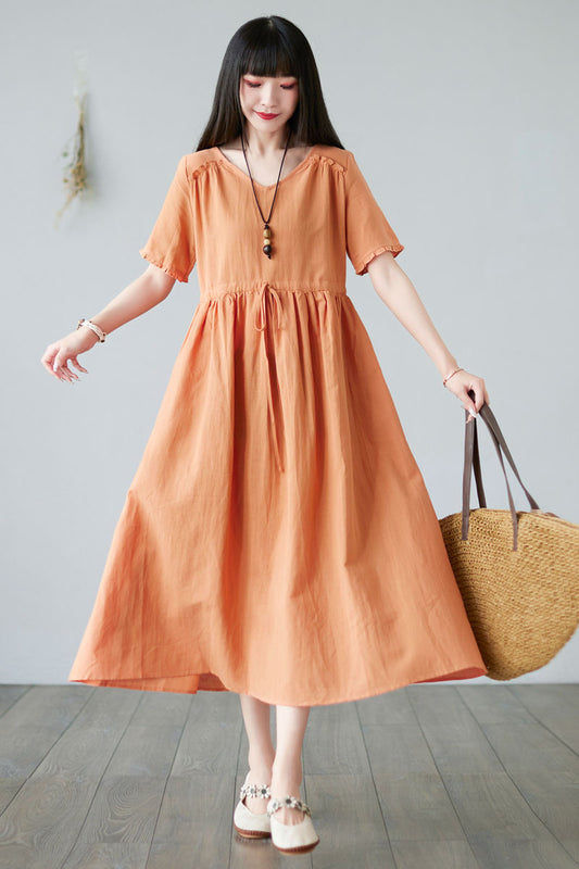 Orange Linen Dress - V-Neck, Short Sleeve, Adjustable Waist C2280