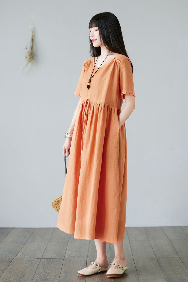 Summer Plus size Linen Dress in orange For Women C228001