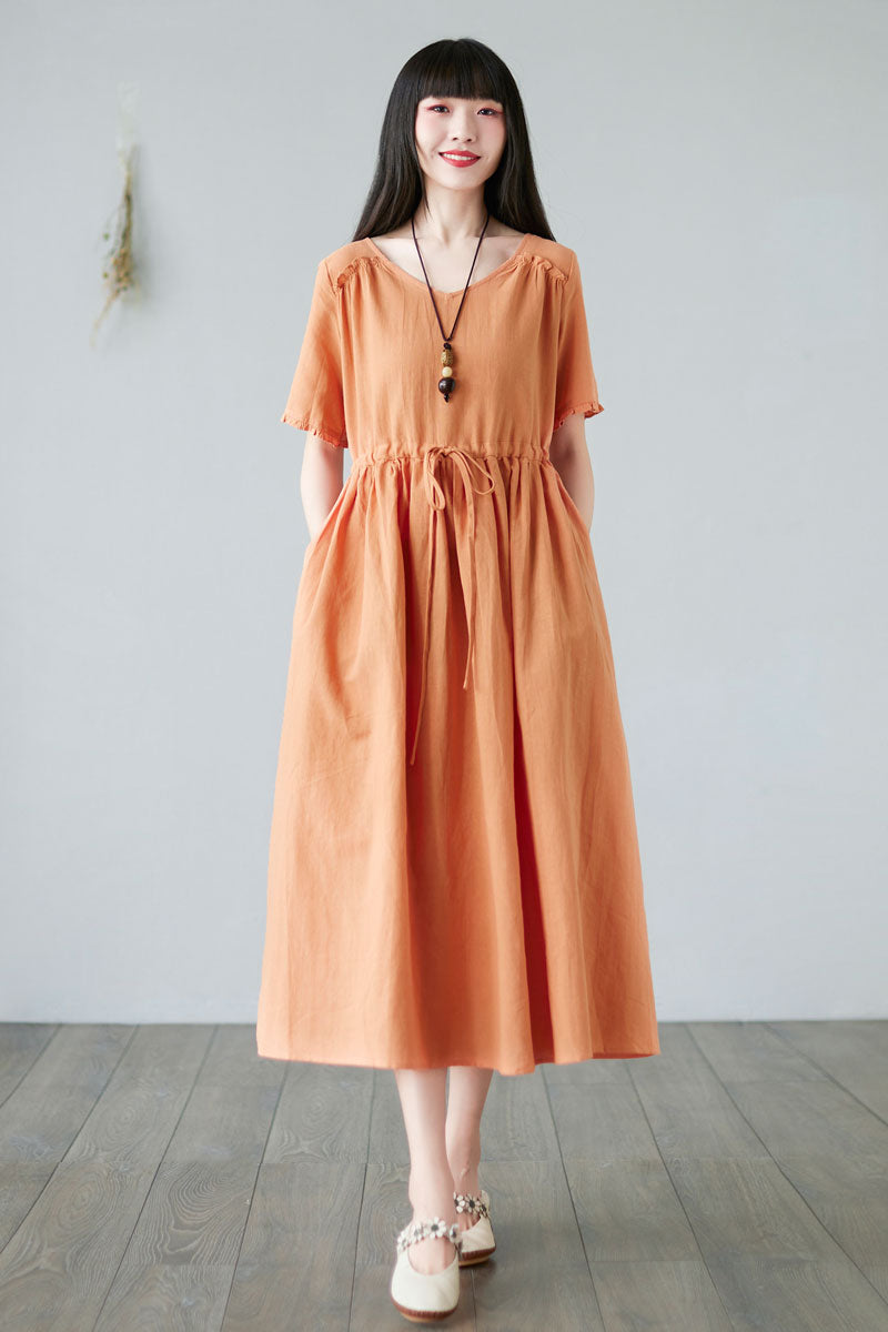 Summer Plus size Linen Dress in orange For Women C228001