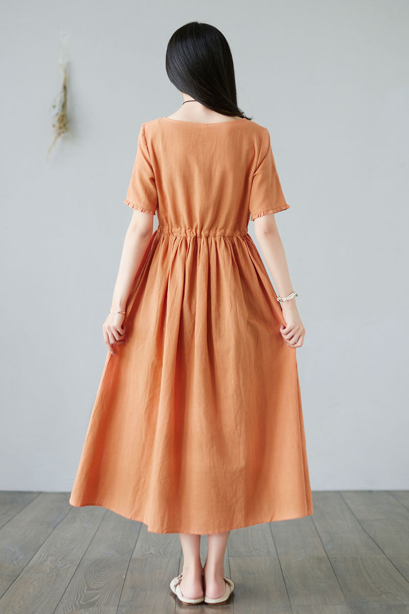 Summer Plus size Linen Dress in orange For Women C228001