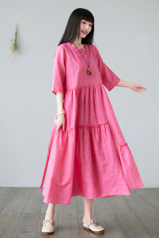 Pink Linen Cotton Midi Dress - Loose Fit with Stand-Up Collar C2281