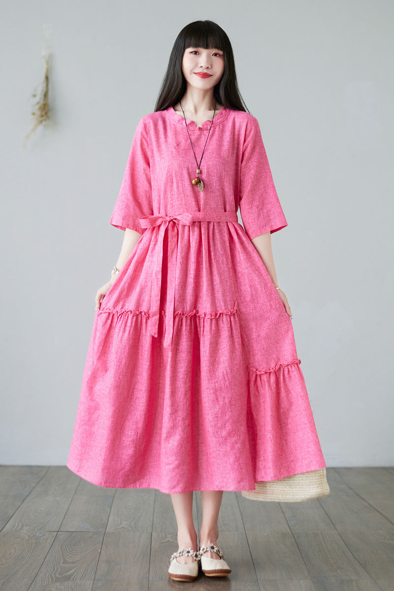 Summer Swing Rose Pink Midi Linen Dress For Women C2281#YY01993