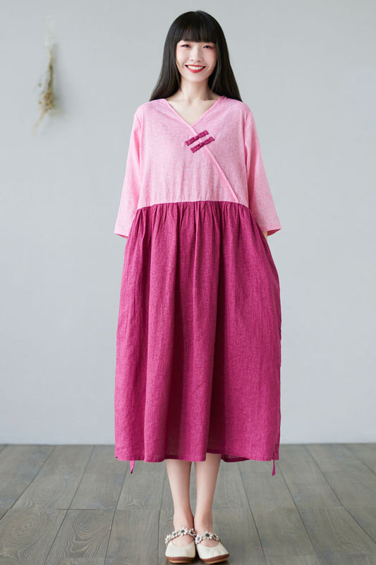 Casual Long Patchwork Linen Dress For Women C2282#YY05126