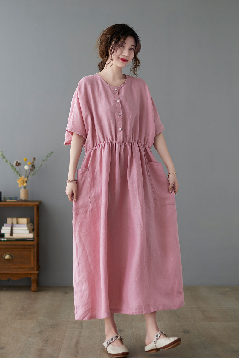 Summer Women Pink Midi Linen Dress C223301