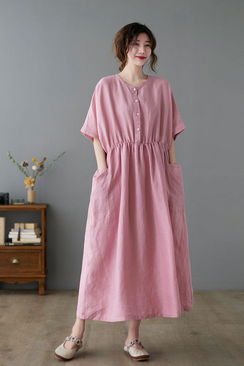 Summer Women Pink Midi Linen Dress C223301