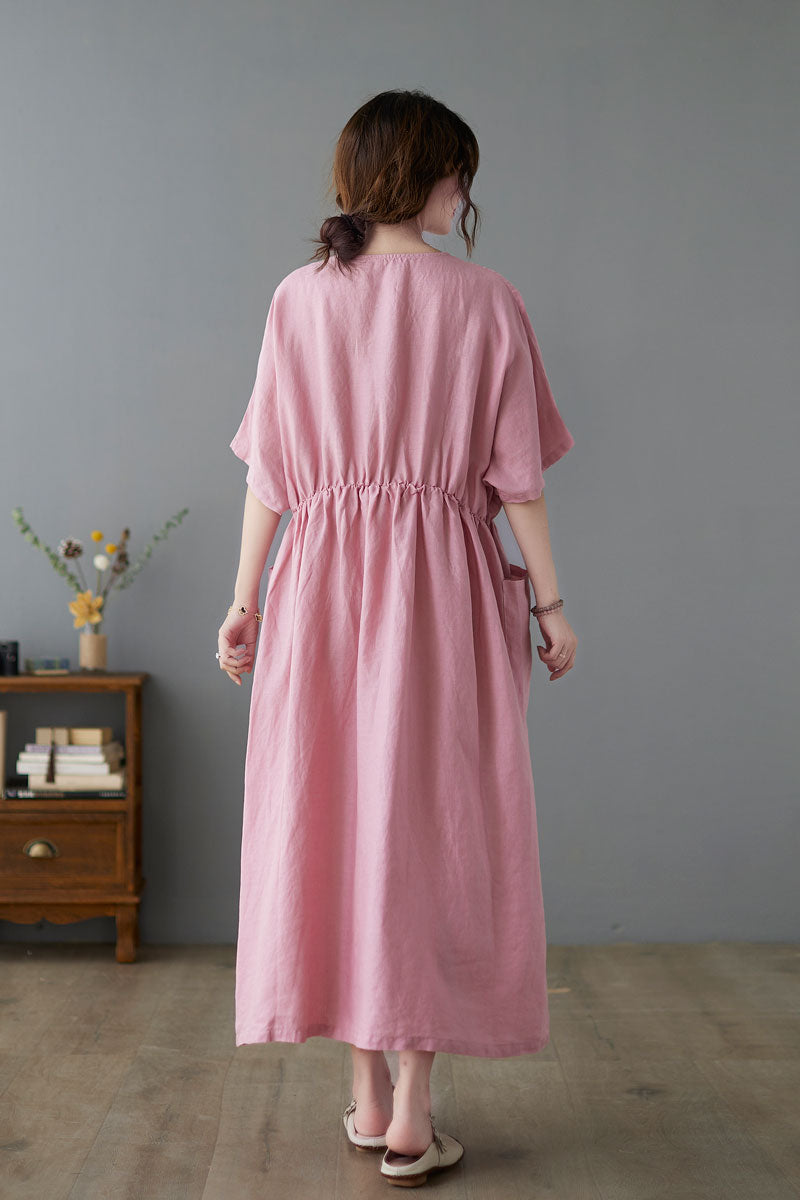 Summer Women Pink Midi Linen Dress C223301