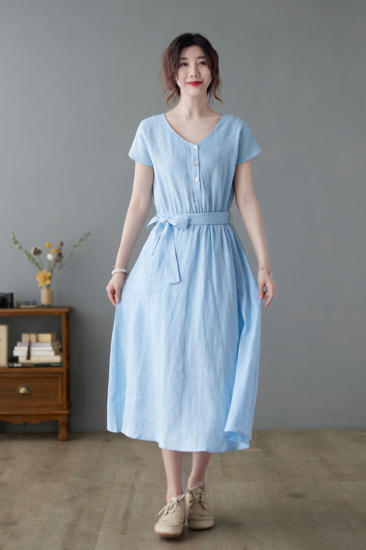 Light Blue Linen Midi Dress - Pleated Waistband with Belt c2236