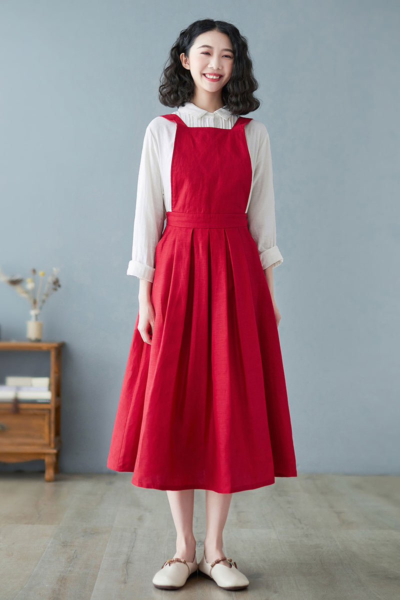 Women Summer Sleeveless Pinafore Red Linen A line Dress C2725#CK2200197