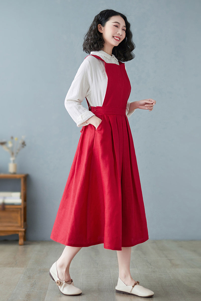 Women Summer Sleeveless Pinafore Red Linen A line Dress C2725#CK2200197
