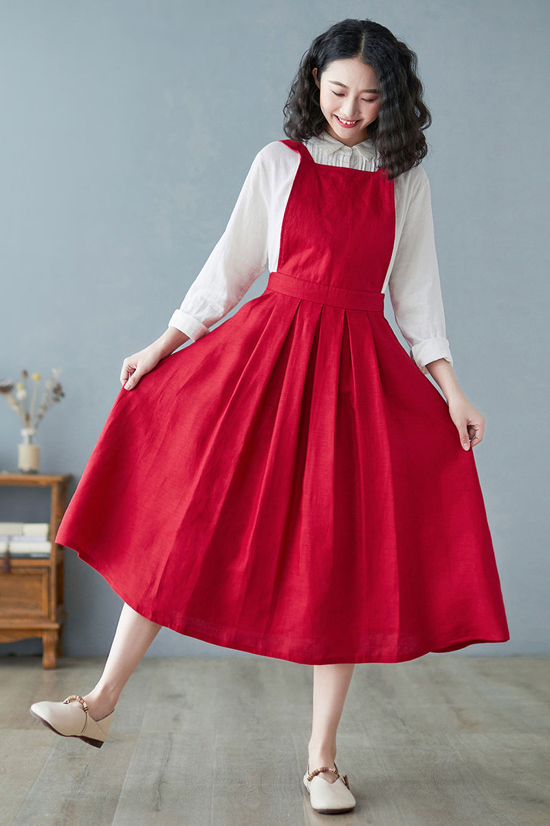 Women Summer Sleeveless Pinafore Red Linen A line Dress C2725#CK2200197