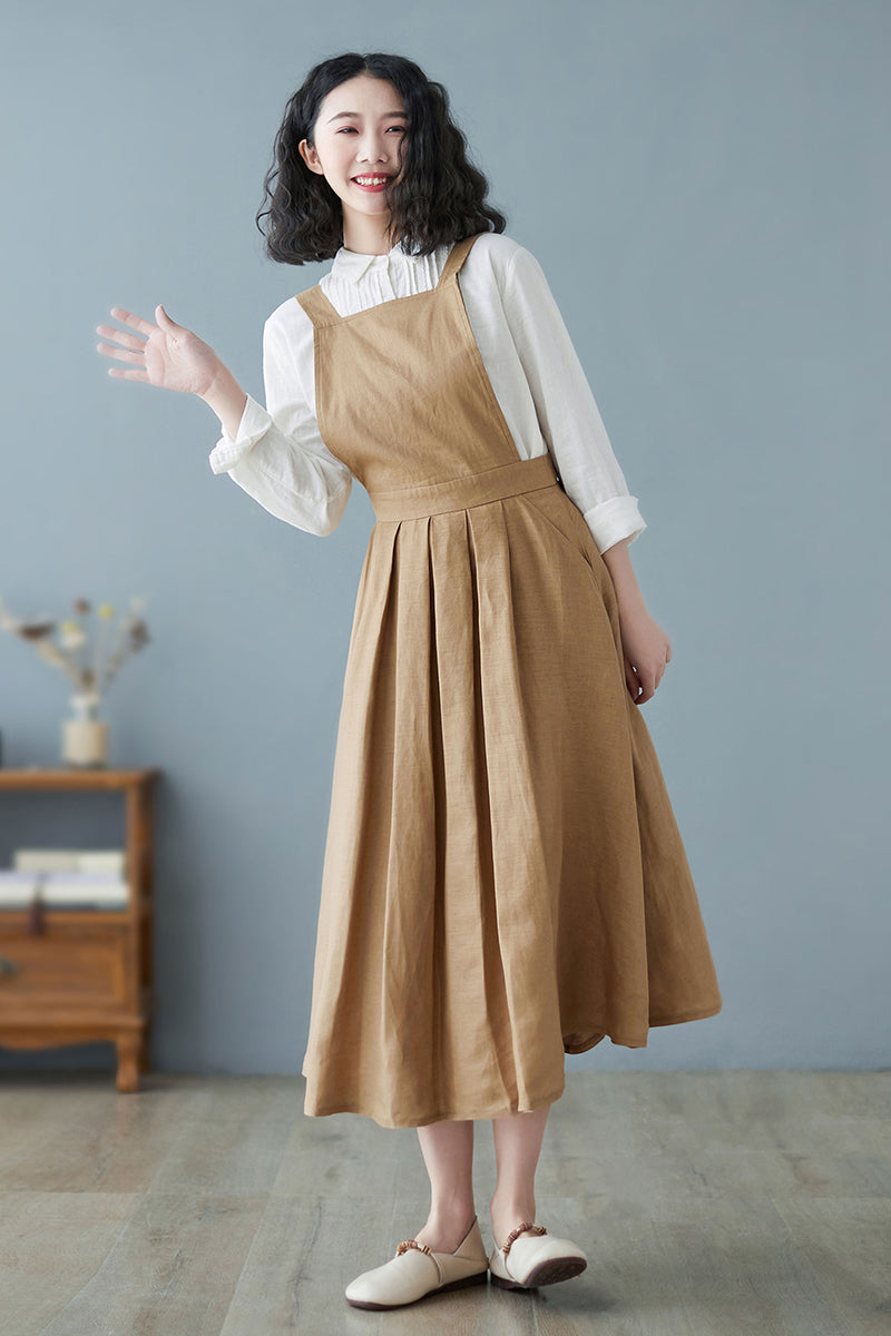 Linen Pinafore Summer Khaki Suspender A-line Dress C2727#CK2200219 YLISTYLE Linen Pinafore Summer Khaki Suspender A-line Dress C2727#CK2200219 YLISTYLE