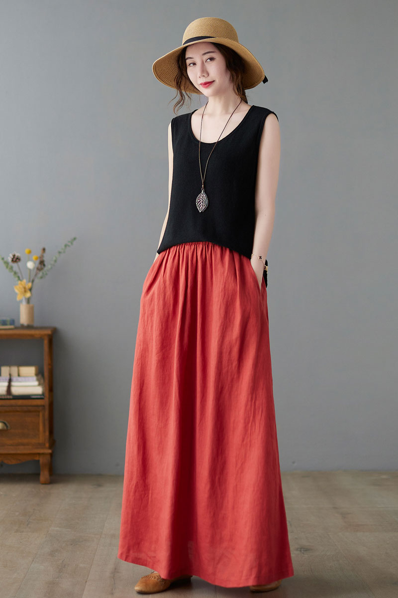 Pleated Elastic Waist Linen Skirt C2242#YY05060