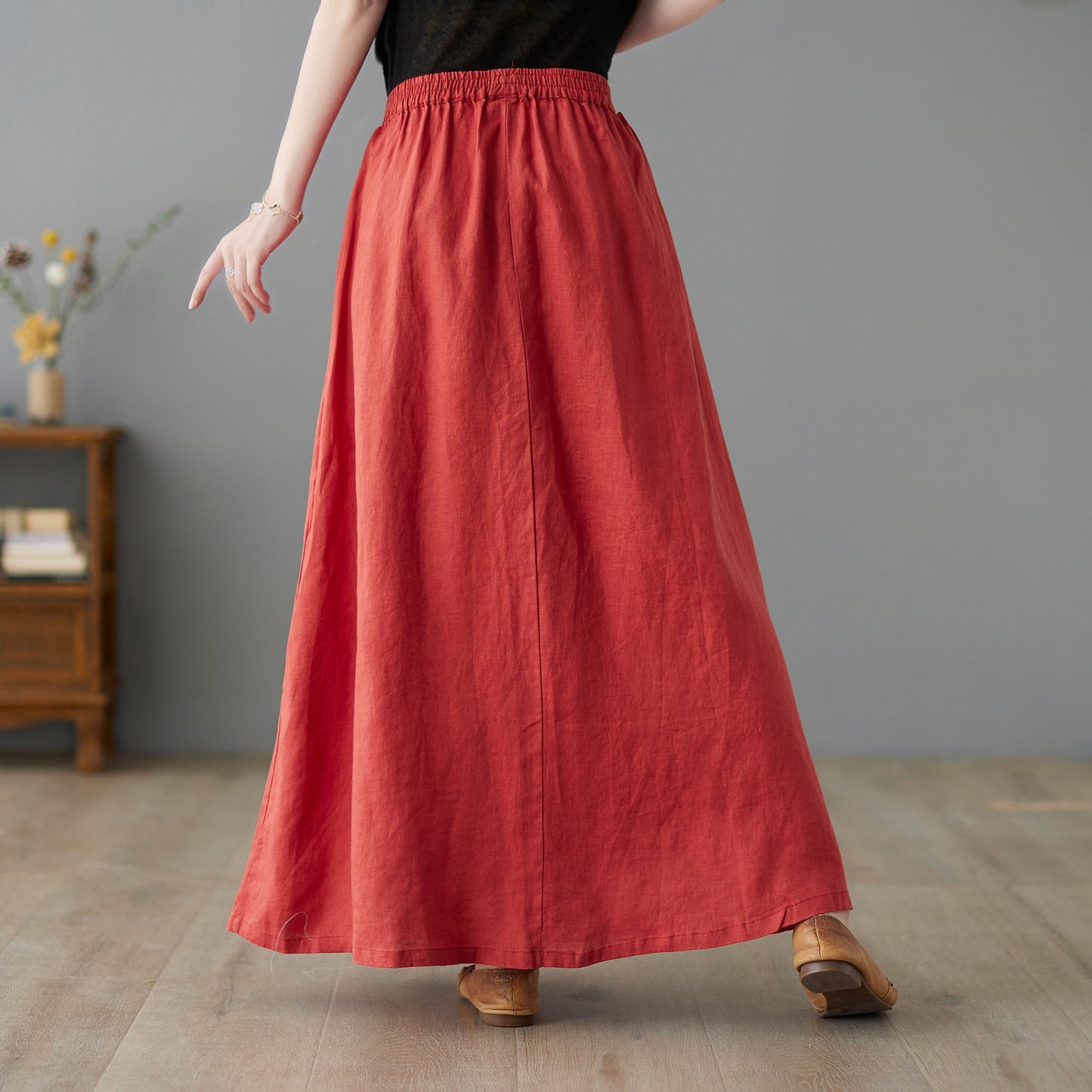 Pleated Elastic Waist Linen Skirt C2242#YY05060