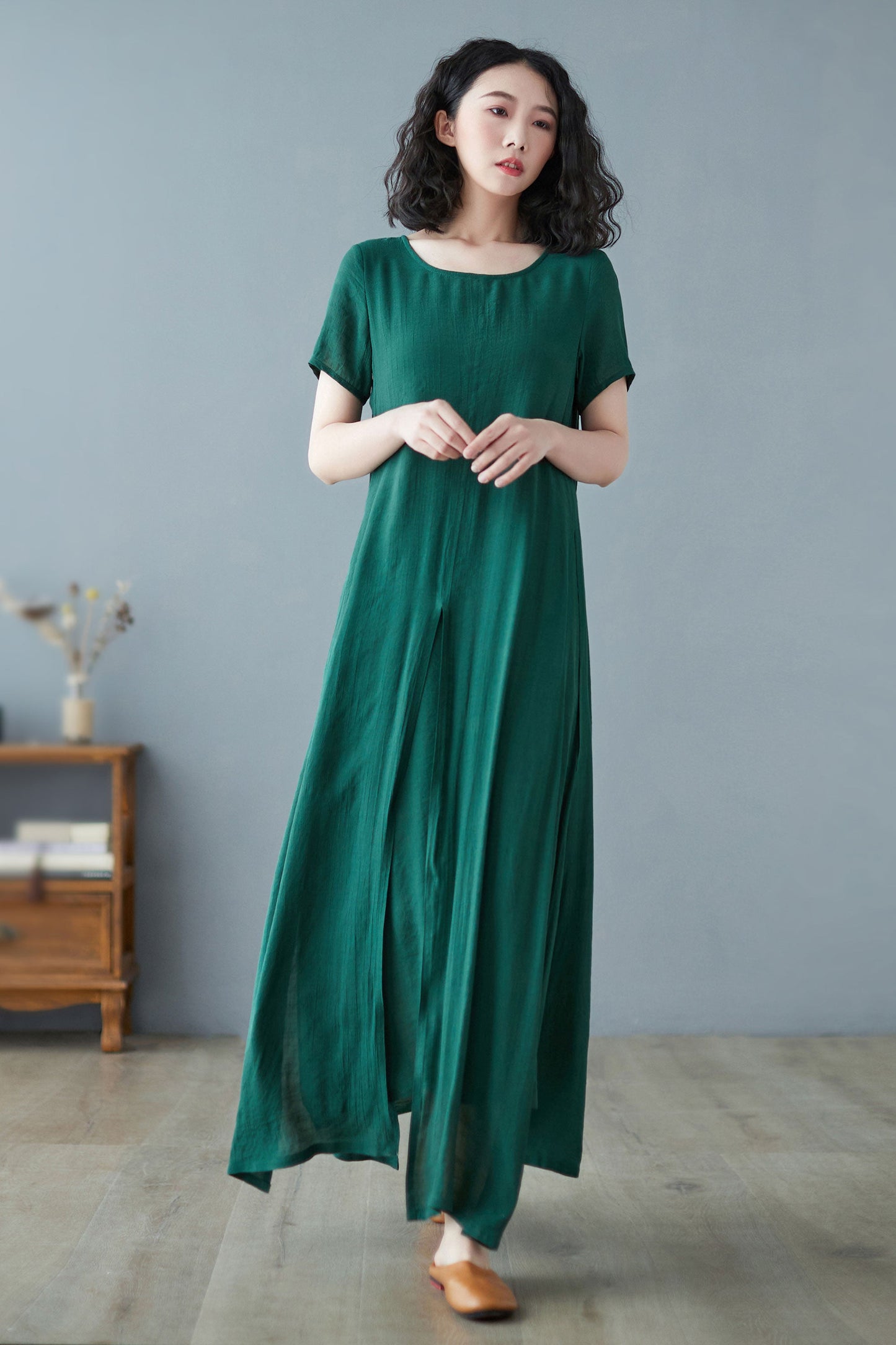 Green Linen Plus Size Maxi Short Sleeve Dress C2729, Size XS #CK2200228