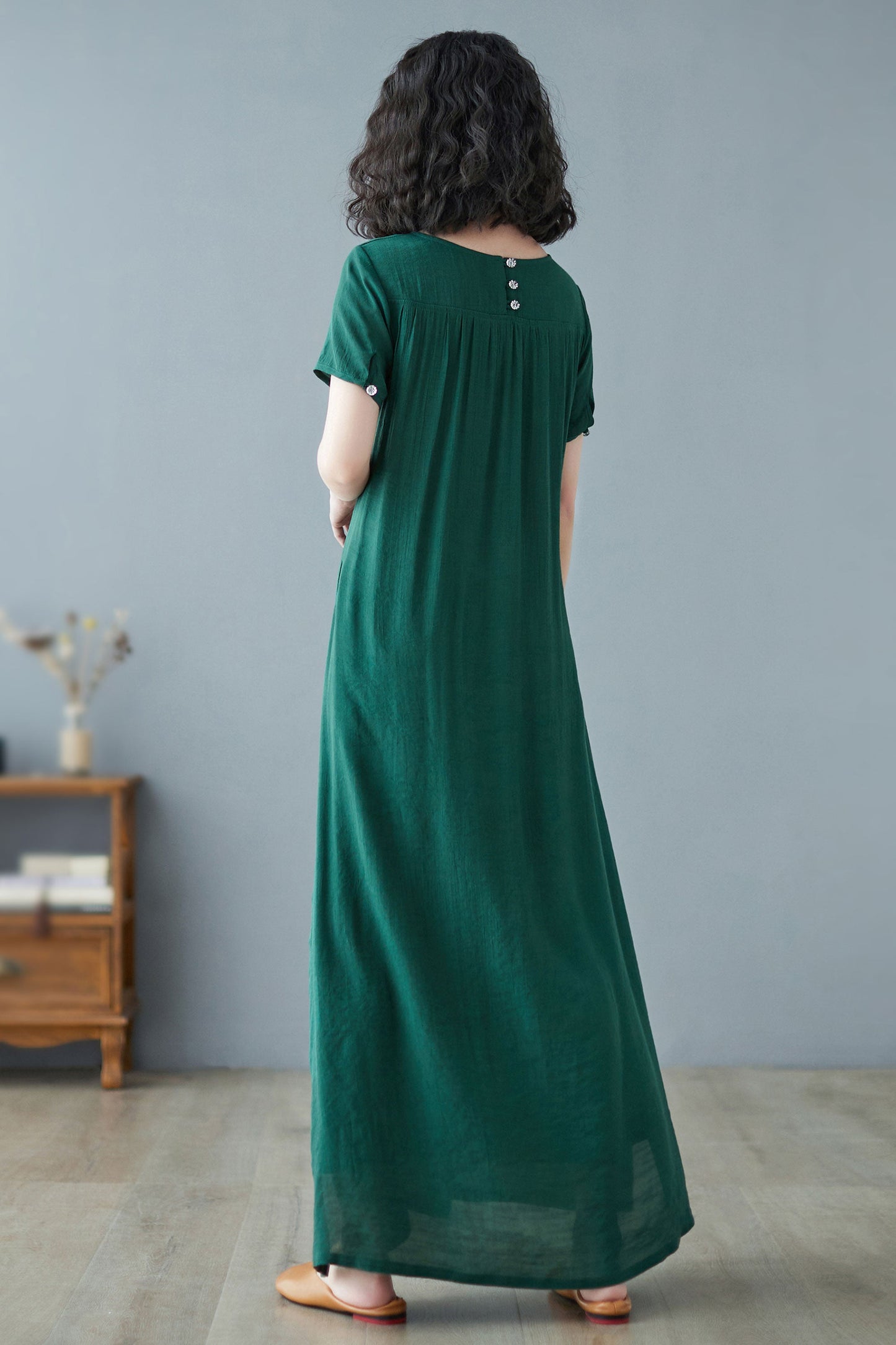 Green Linen Plus Size Maxi Short Sleeve Dress C2729, Size XS #CK2200228