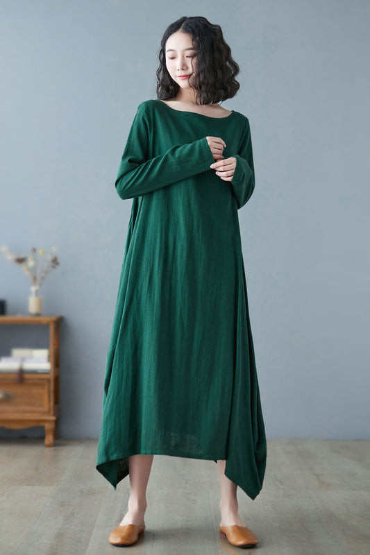 Dark Green Linen Maxi Dress - Oversized Asymmetrical Silhouette C2730