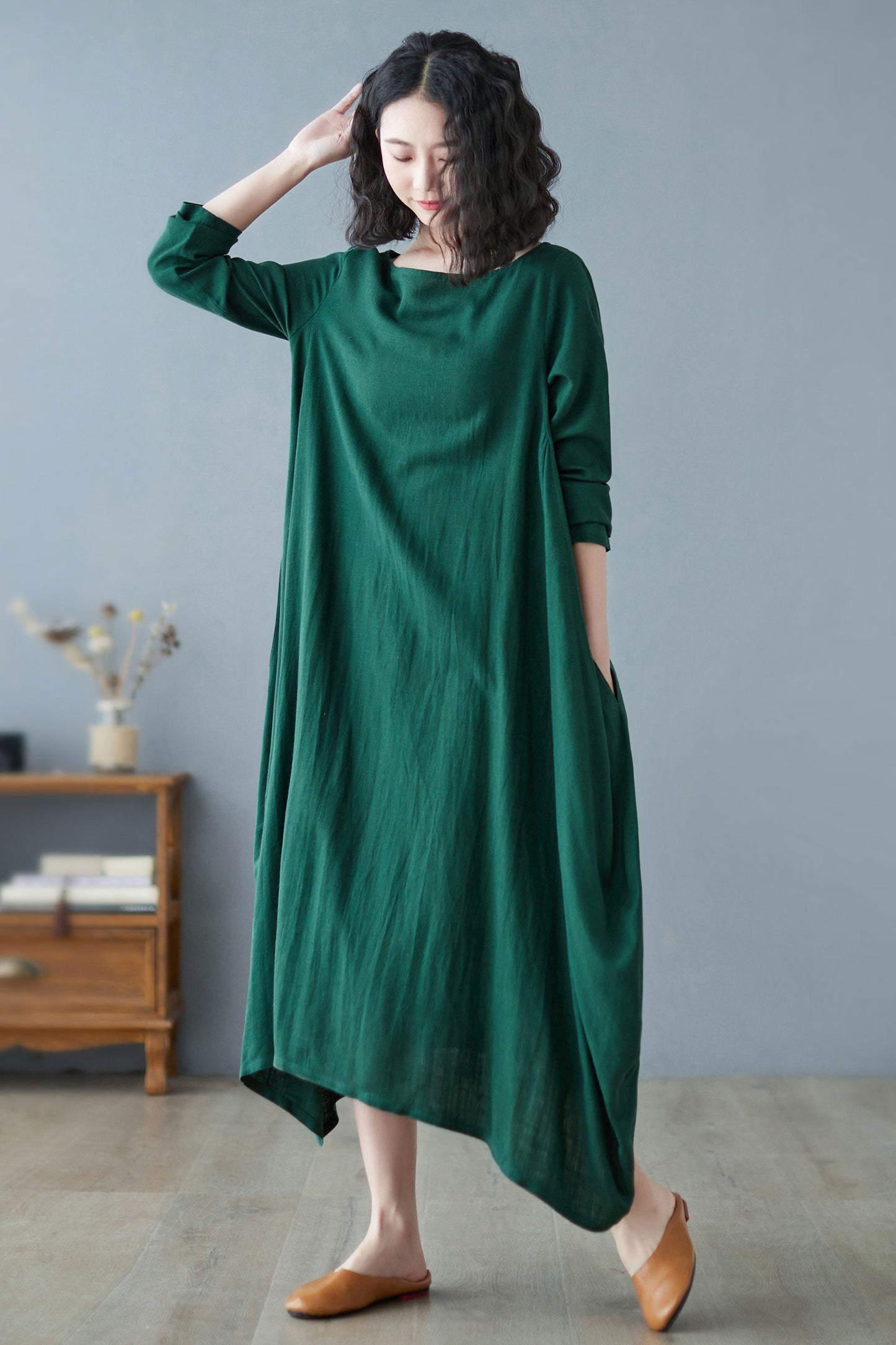 Women Green Plus Size Long Linen maxi Dress C2730#CK2200183