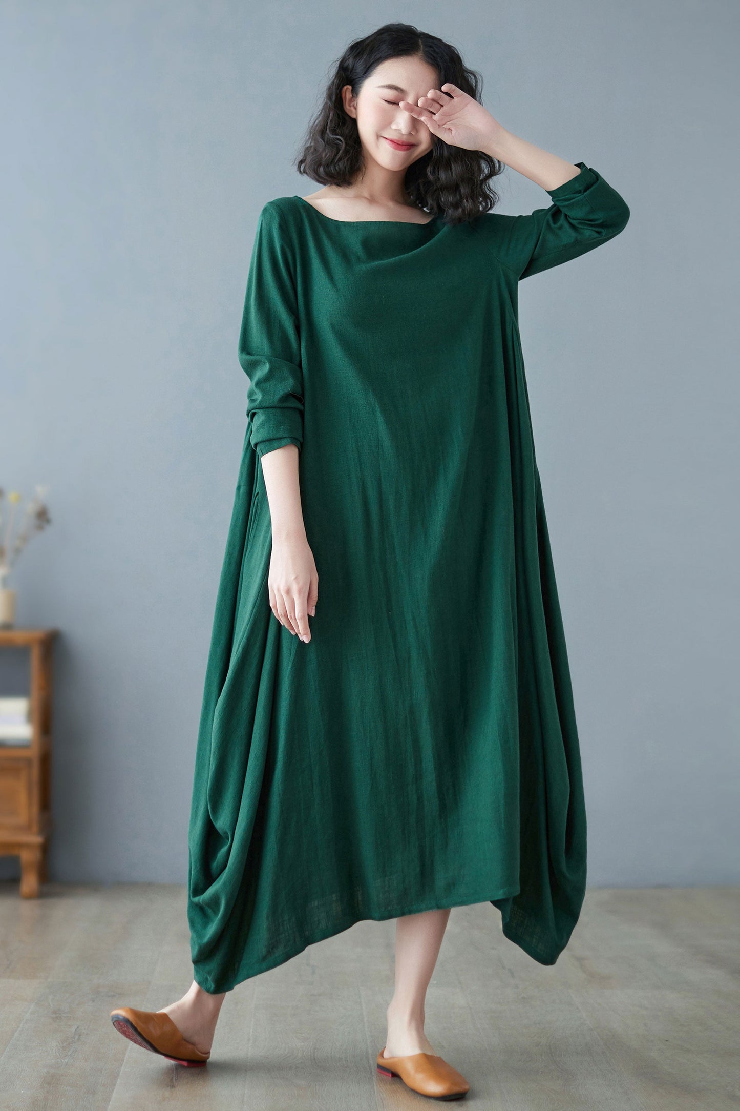 Women Green Plus Size Long Linen maxi Dress C2730#CK2200183