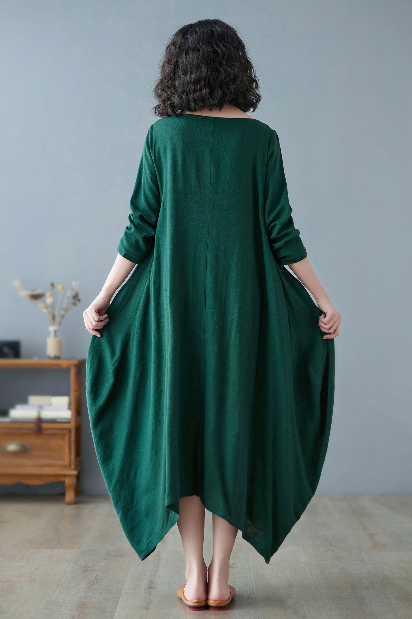 Women Green Plus Size Long Linen maxi Dress C2730#CK2200183