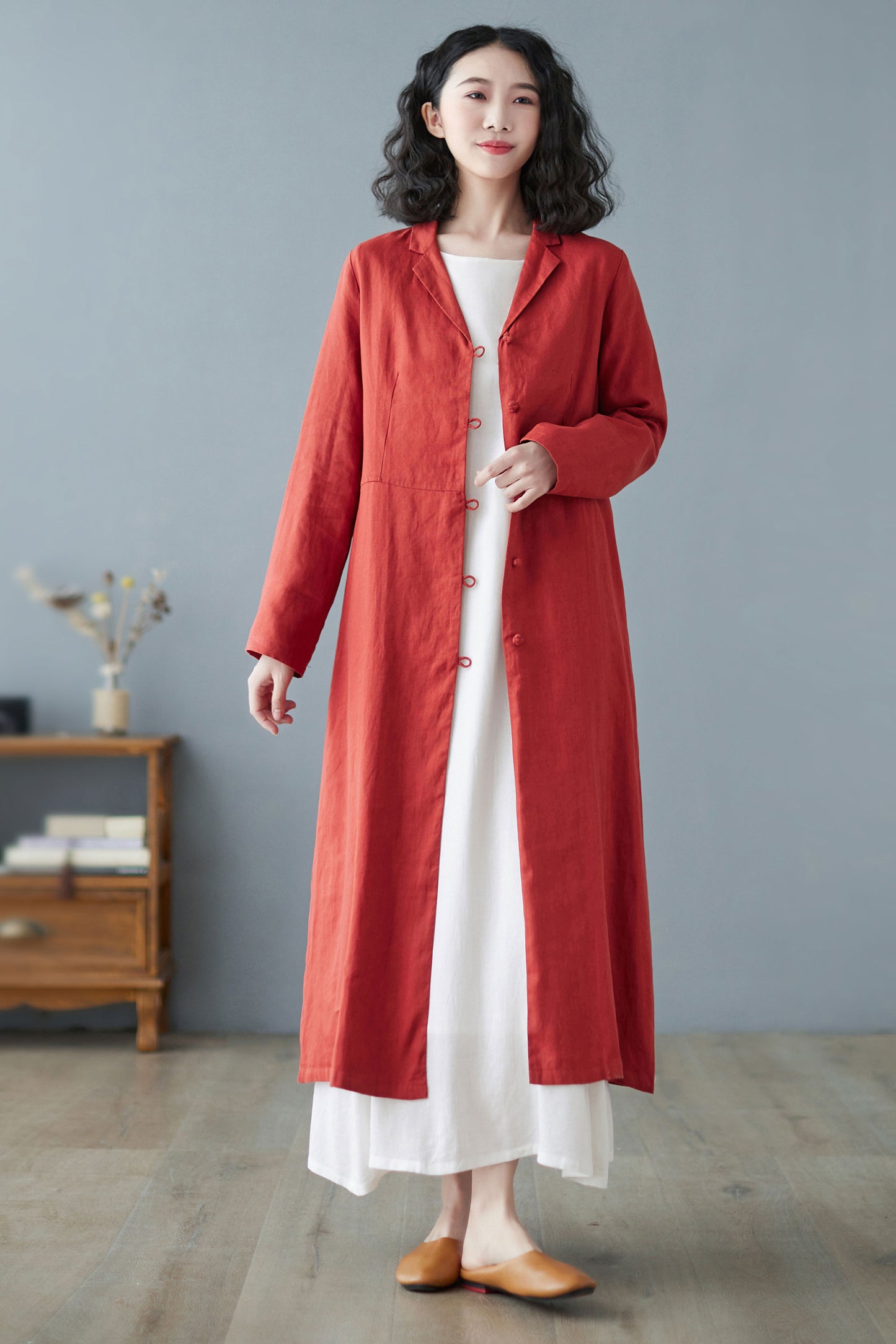 Orange red Long Linen Trench Coat C2733