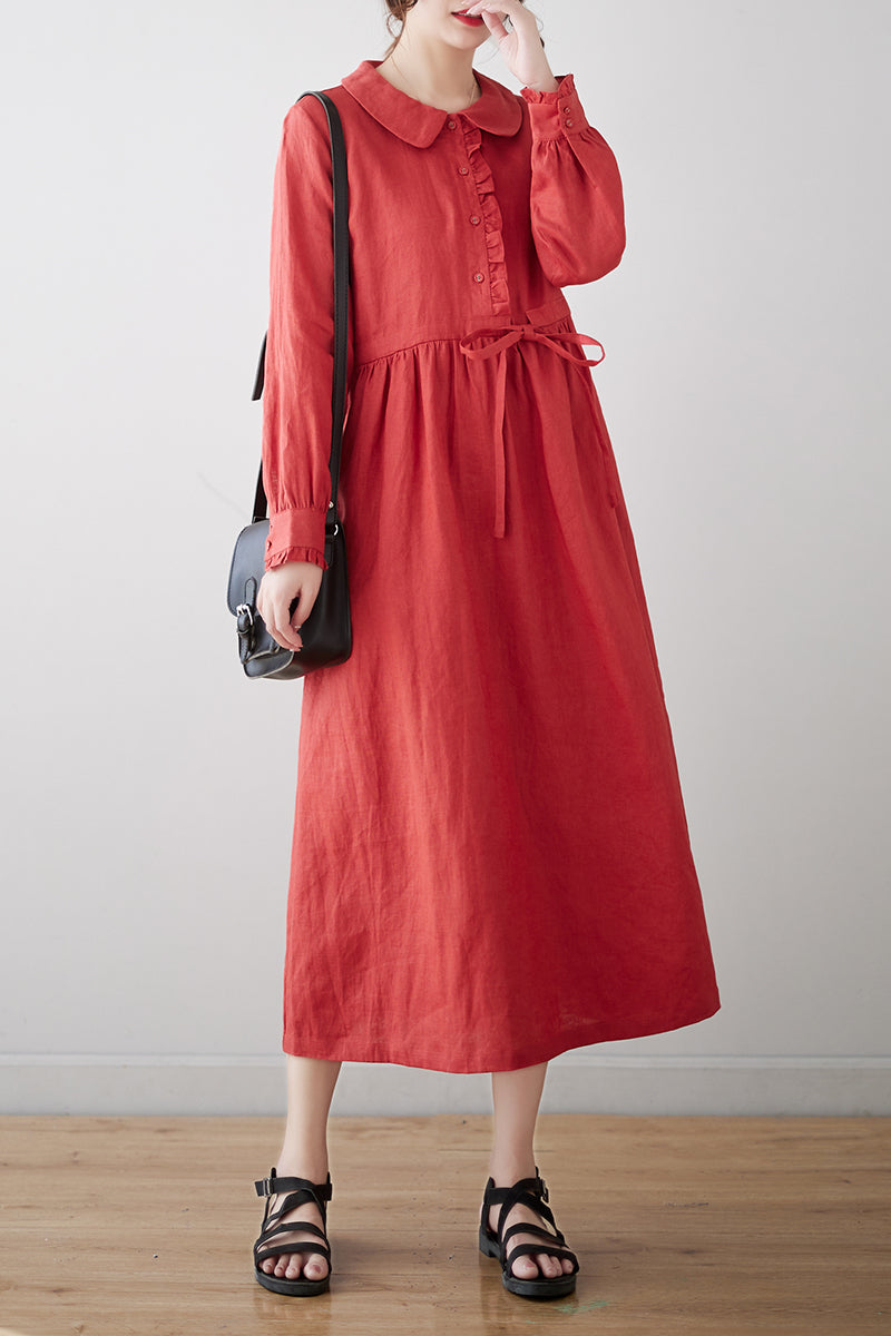 Red Linen Midi Dress C3177