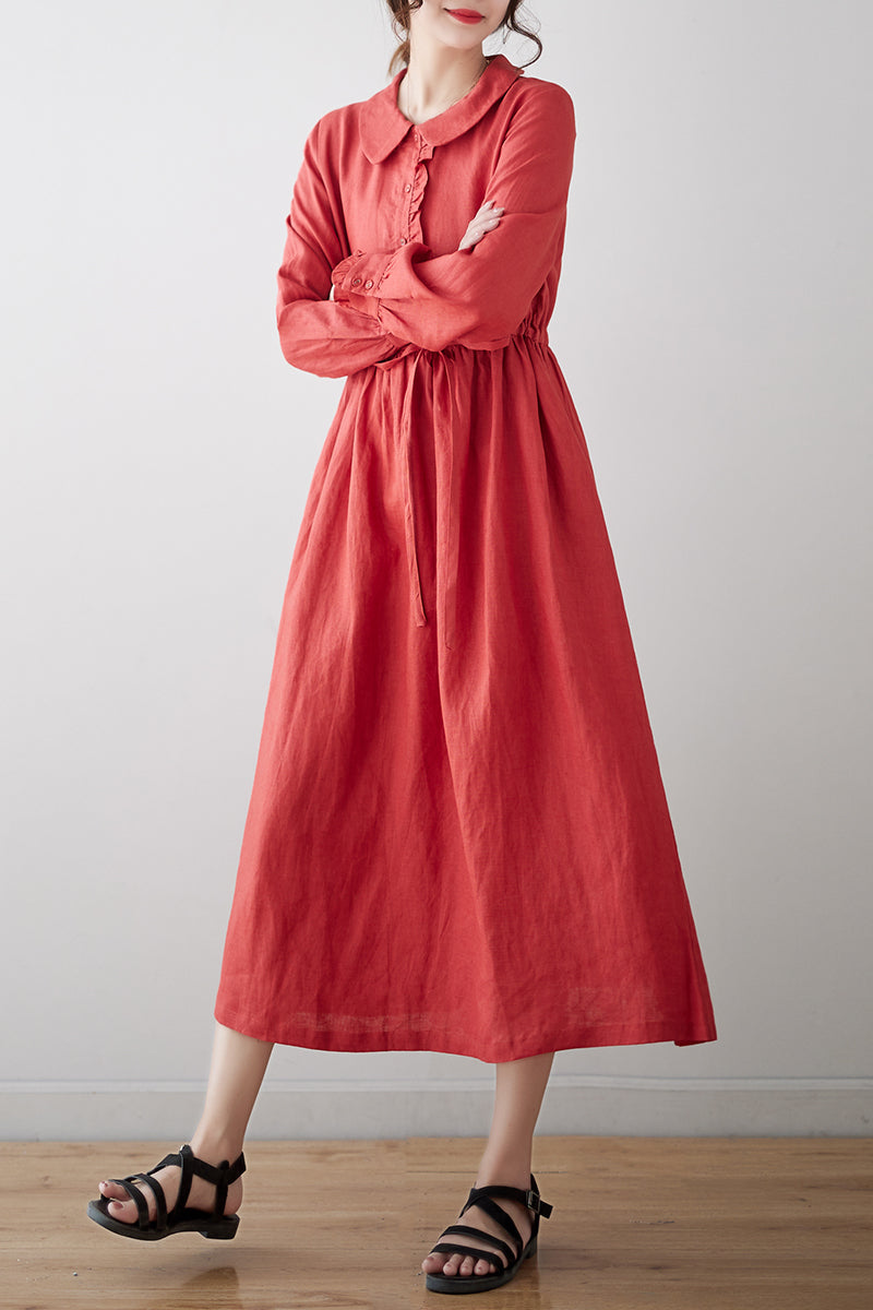 Red Linen Midi Dress C3177