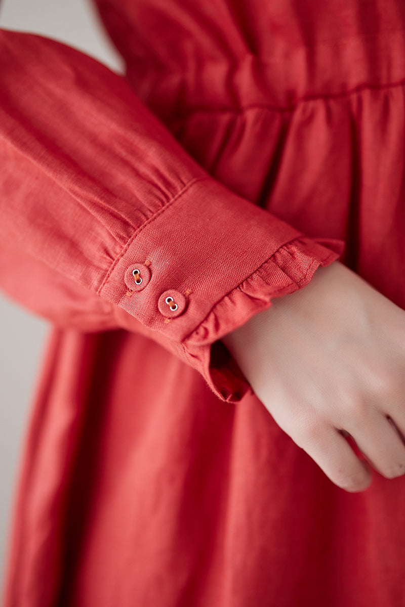 Red Linen Midi Dress C3177